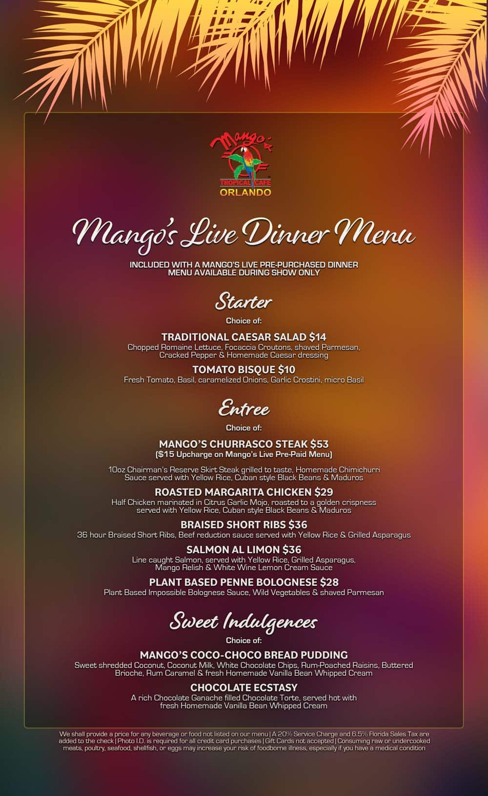 Orlando's Premiere Dinner & Show - Mango's Live Menu