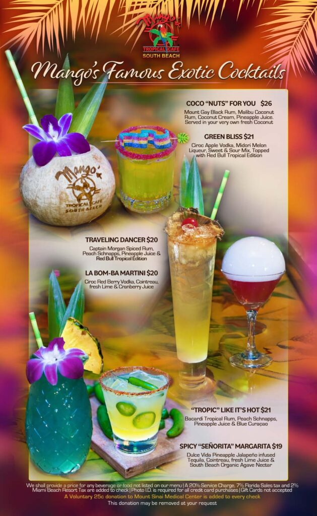 Mango's Tropical Cafe Miami Beach Exotic Cocktails Menu