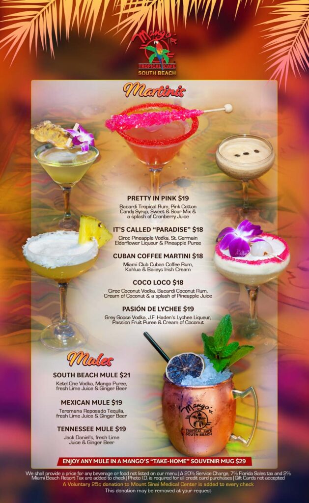 Mango's Tropical Cafe Miami Beach Martinis Menu