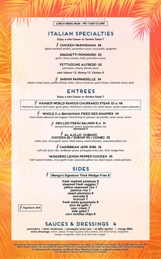 lunch menu Mangos Miami