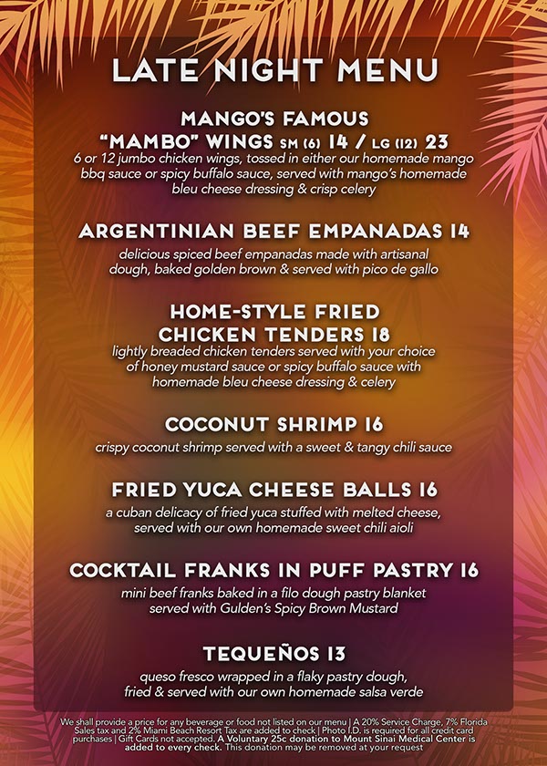 mangos miami food and drinks menu late night